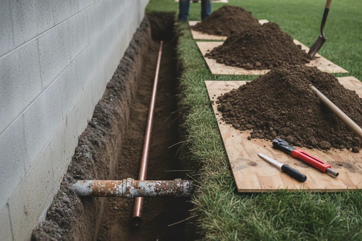 Excavated water line trench during Water Softener Installation in Purcell